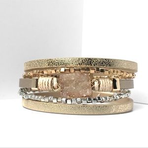 *NEW* Taupe Magnetic Blush Stone Beaded Faux Leather Strap Bracelet